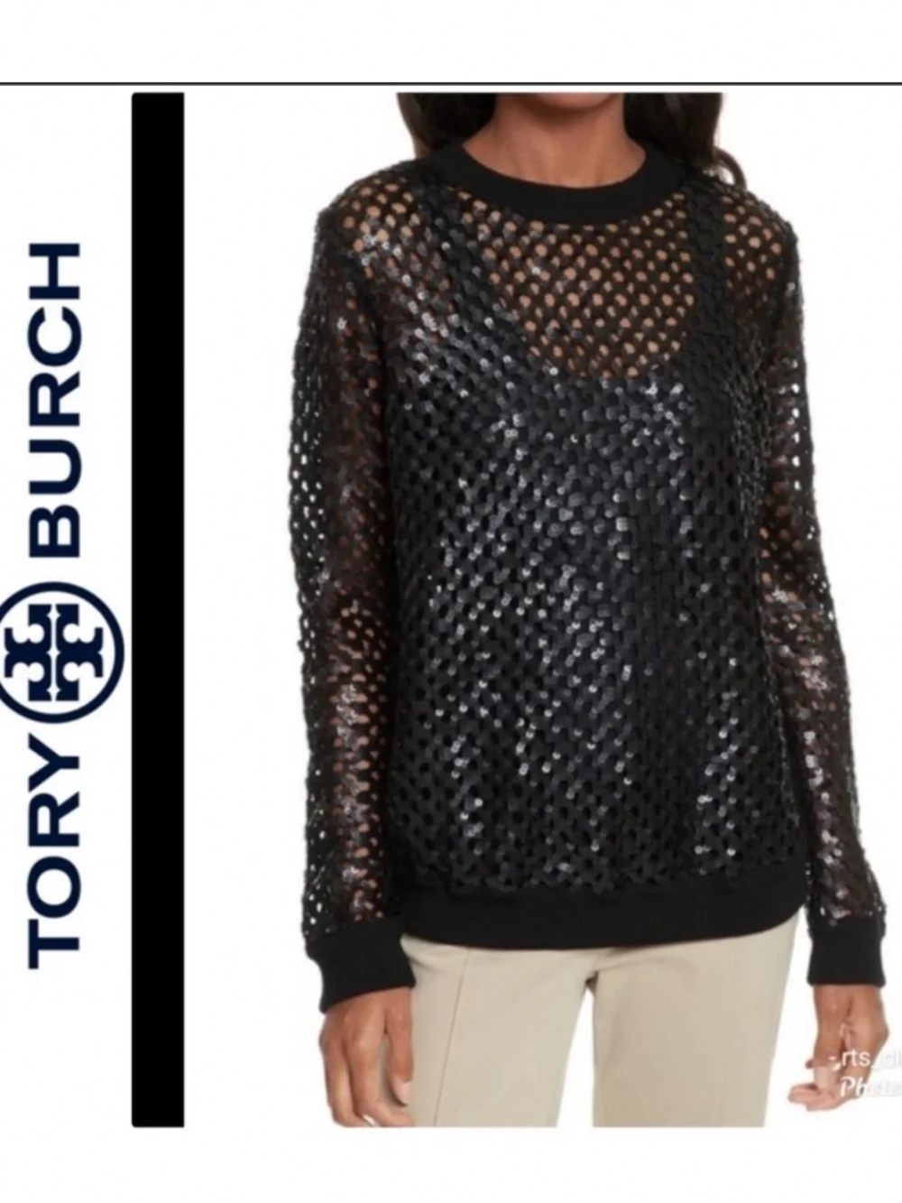 Tory Burch Black Lansing Merino Wool Blend Open Knit Sequin Sweater Women's M
